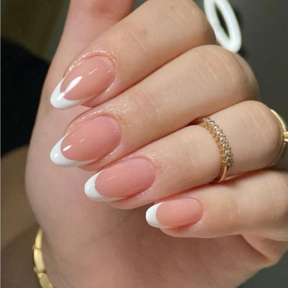 24PCS Medium Almond Press On Nails White French False Nail Minimalist Fake Nails